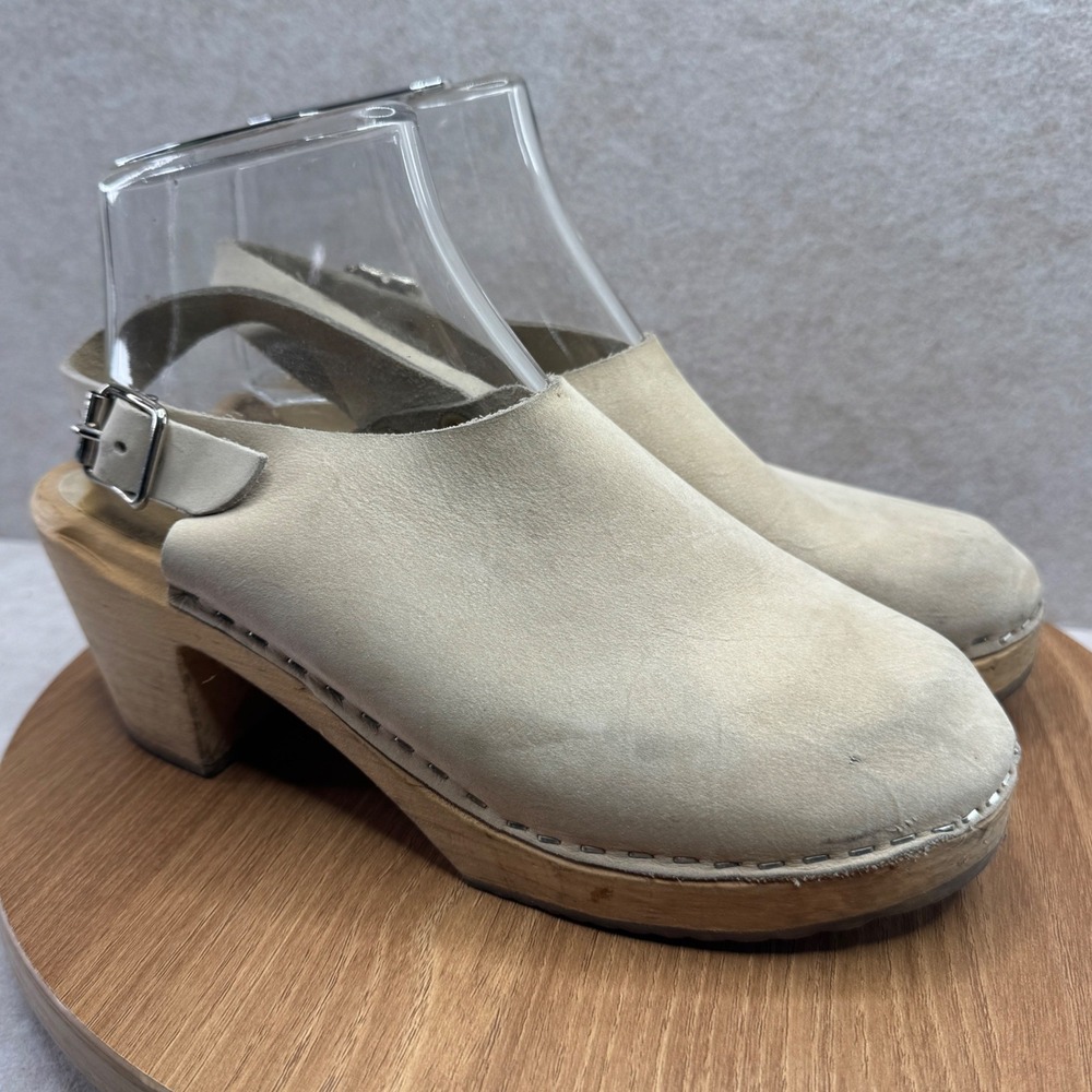 Lotta From Stockholm Clogs Ivory Cream Suede Slingback Wooden Heel Size 38 7 7.5